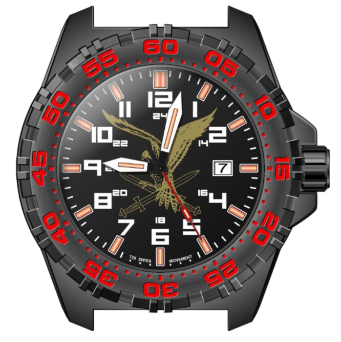 Private label watch with tritium lights red numbering