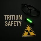 Tritium safety illustrated with safety glasses, glowing tritium vial, and radiation warning symbol on dark background