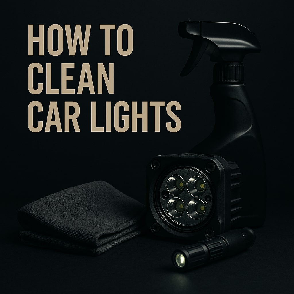 clean-car-lights How to clean car lights shown with tactical LED headlight, microfiber cloth and non-transparent spray bottle on dark background