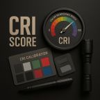 CRI score illustrated with color rendering gauge, CRI calibration card and tactical flashlight on dark background