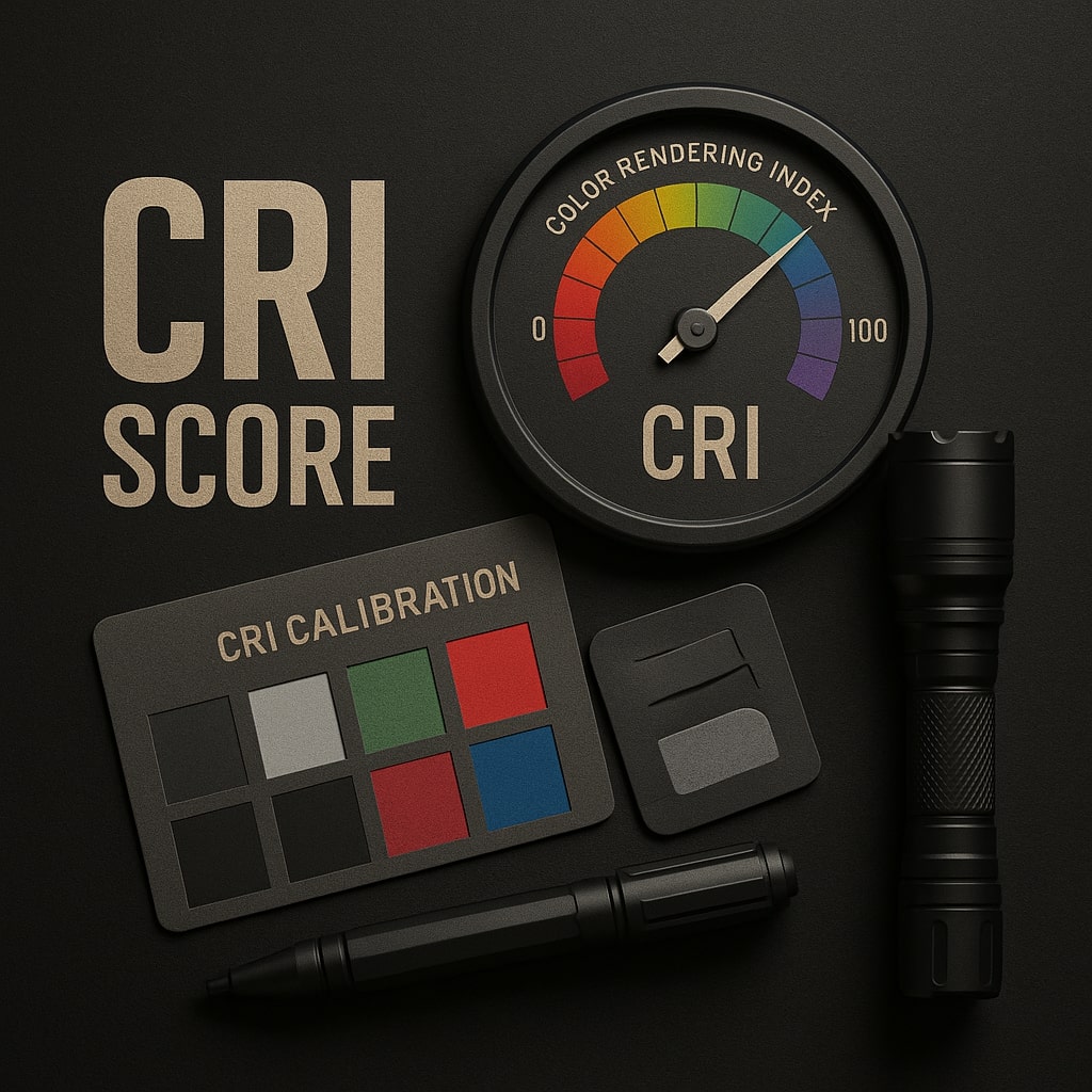 cri-score (2) CRI score illustrated with color rendering gauge, CRI calibration card and tactical flashlight on dark background