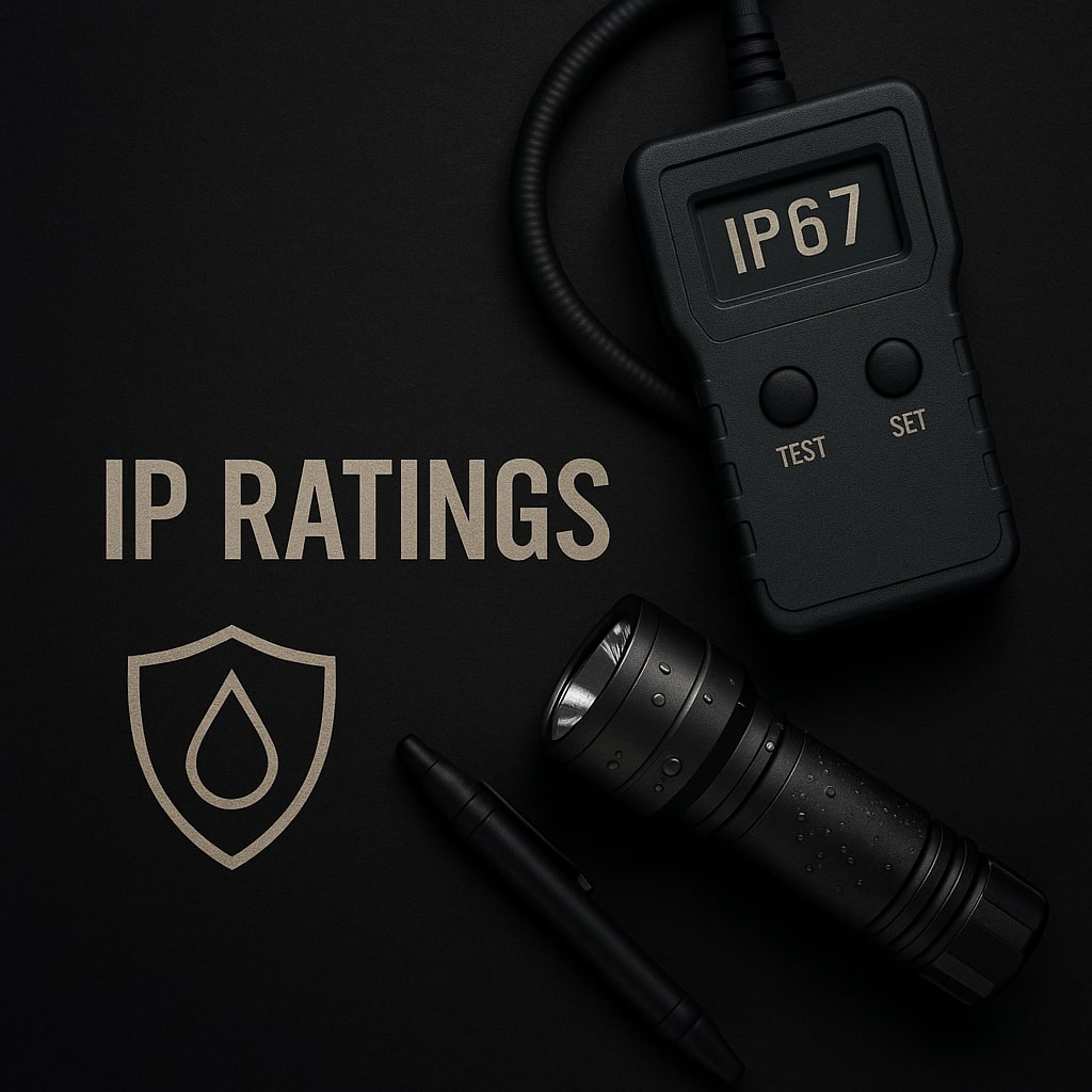 ip-ratings IP ratings illustrated with IP67 test device, waterproof tactical flashlight with water droplets, and protection icon on dark background