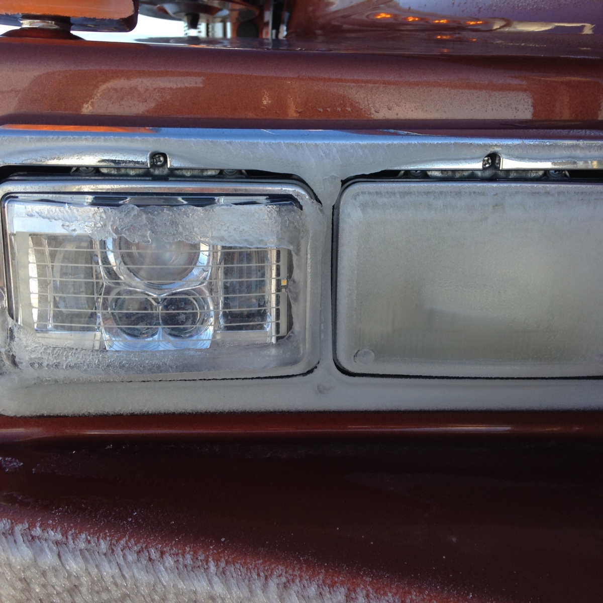LED truck headlights heated model showing melting ice
