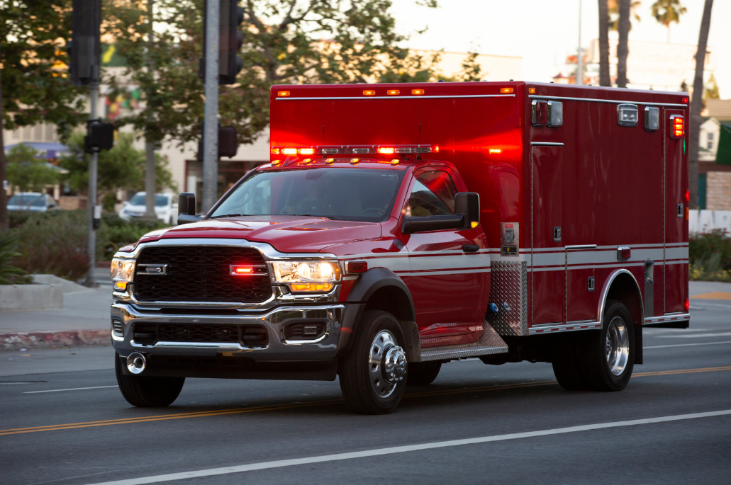 Ambulance with emergency lights on
