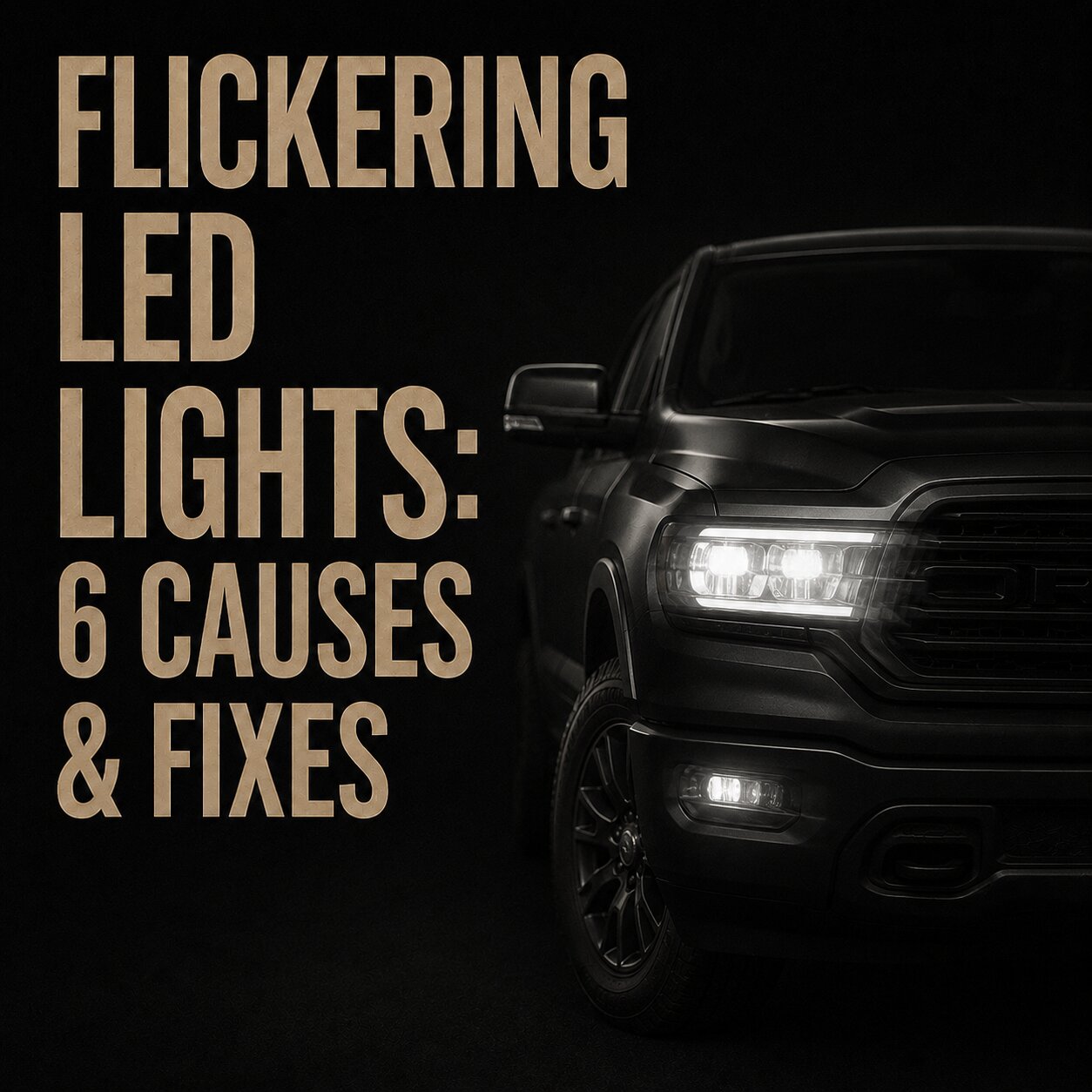 Featured image for “Flickering LED Lights: 6 Causes & Fixes” showing a dark pickup truck with headlights