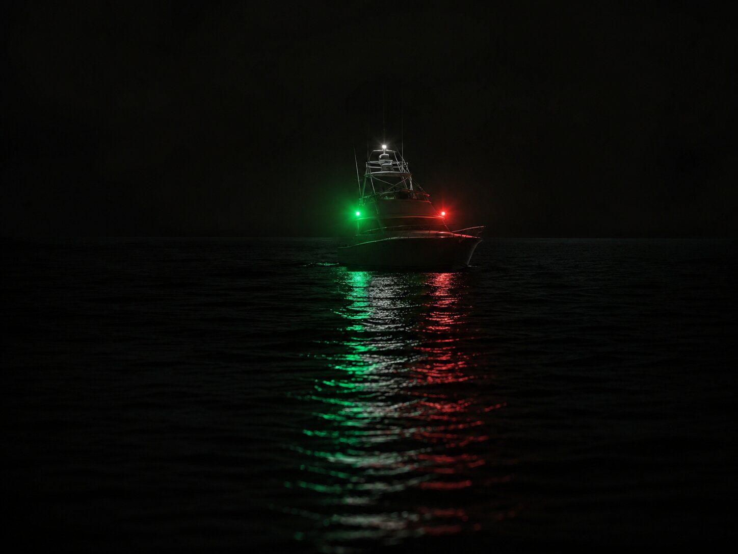 Navigation lights on marine vessel at night