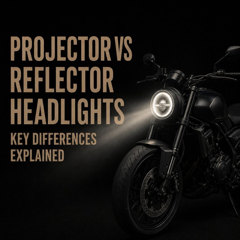Motorcycle with projector-style headlight and beam beside “Projector vs Reflector Headlights” title.
