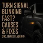 eatured image for “Turn Signal Blinking Fast? Causes & Fixes (Inc. Hyper Flashing)” showing a dark pickup truck with an amber side turn signa