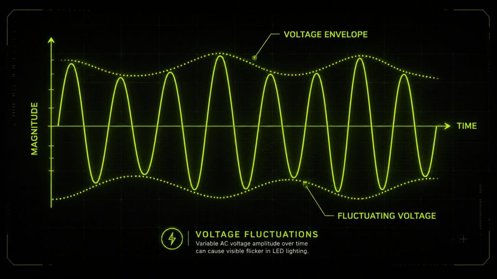 Voltage fluctuations graph showing a fluctuating AC waveform with voltage envelope lines