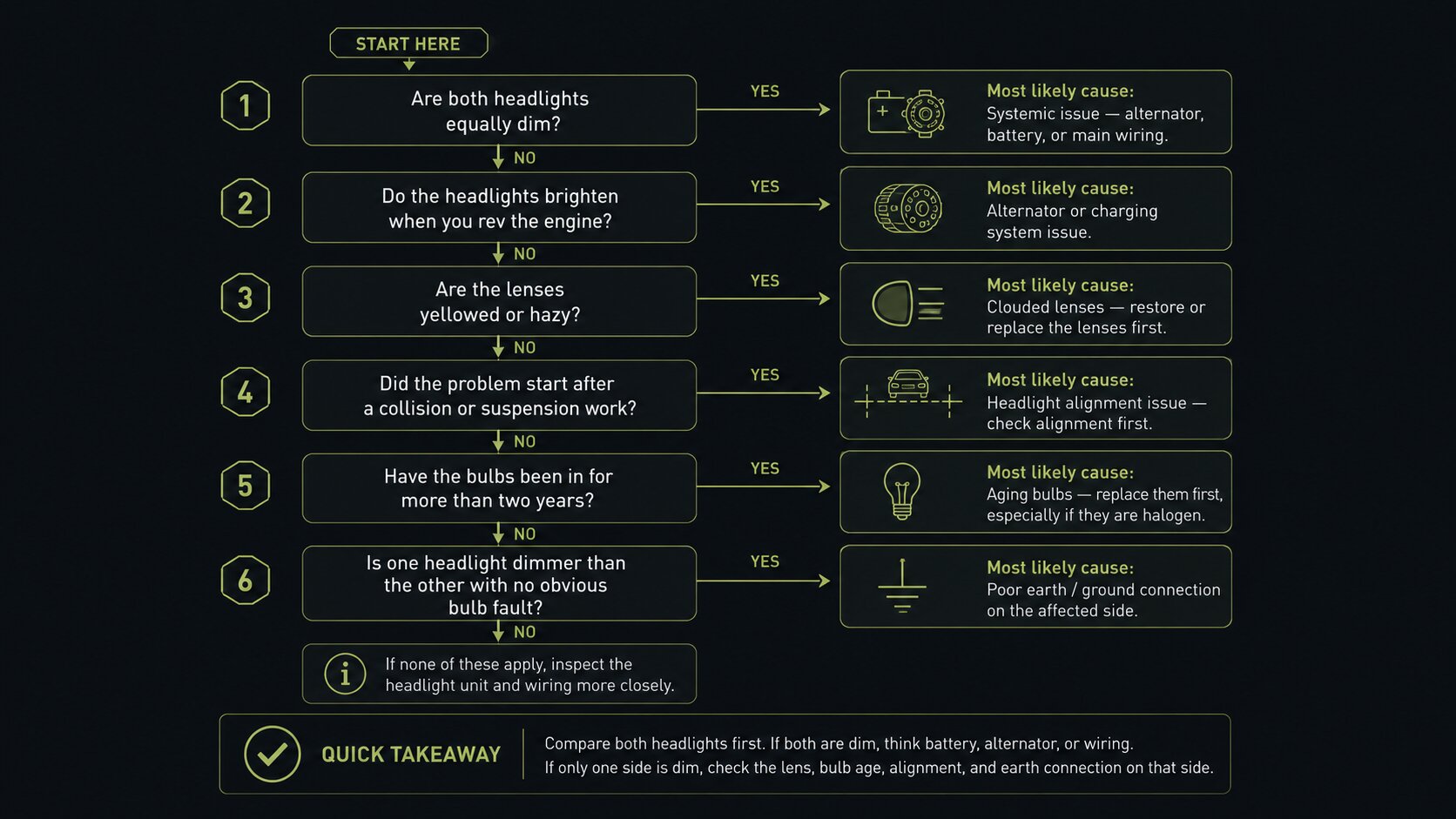 diagnostic flowchart for dim headlights, showing a step-by-step sequence to identify likely causes