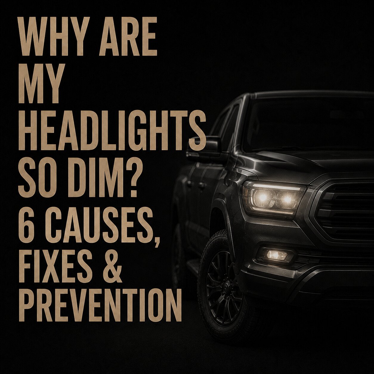 Dark pickup truck with dim headlights beside large text reading “Why are my headlights so dim? 6 causes, fixes & prevention.”