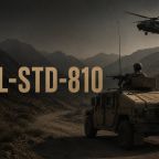 MIL-STD-810 military vehicle in rugged terrain with helicopter overhead.