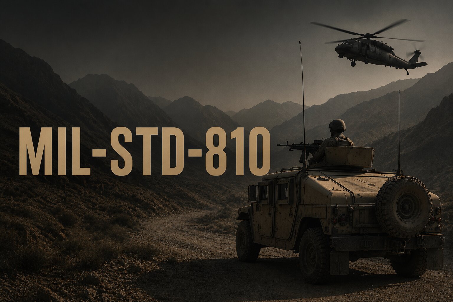 MIL-STD-810 military vehicle in rugged terrain with helicopter overhead.