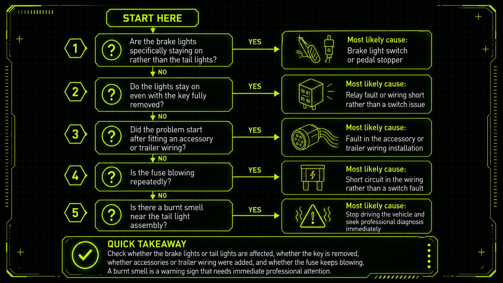 Flowchart infographic for diagnosing tail lights staying on, showing a step-by-step decision path