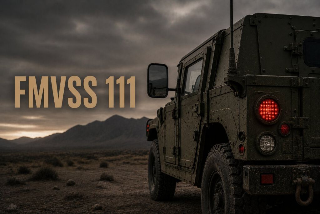 FMVSS 111 military vehicle with rear lights and side mirror in rugged terrain.