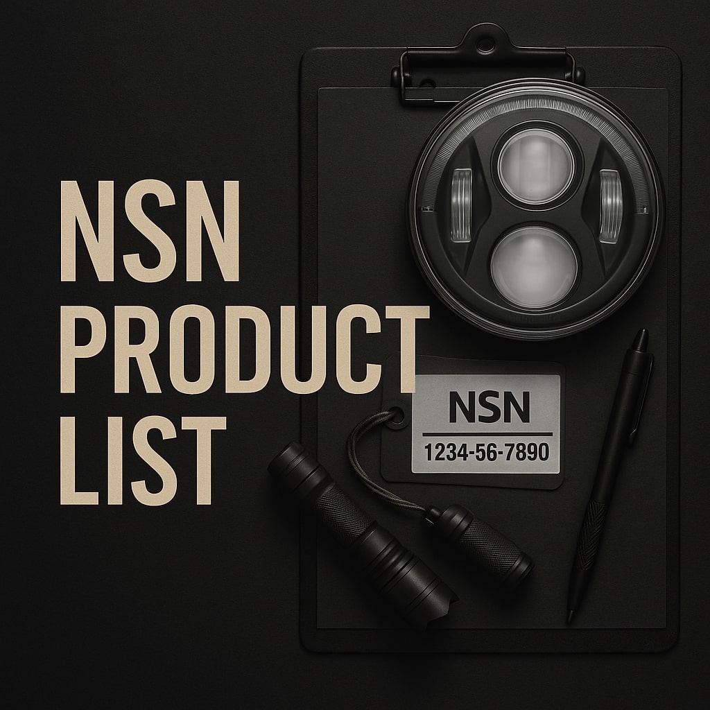 nsn-product-list NSN product list illustrated with 8700 EVO headlight, NSN tag, tactical flashlight and pen on dark clipboard background with bold text overlay