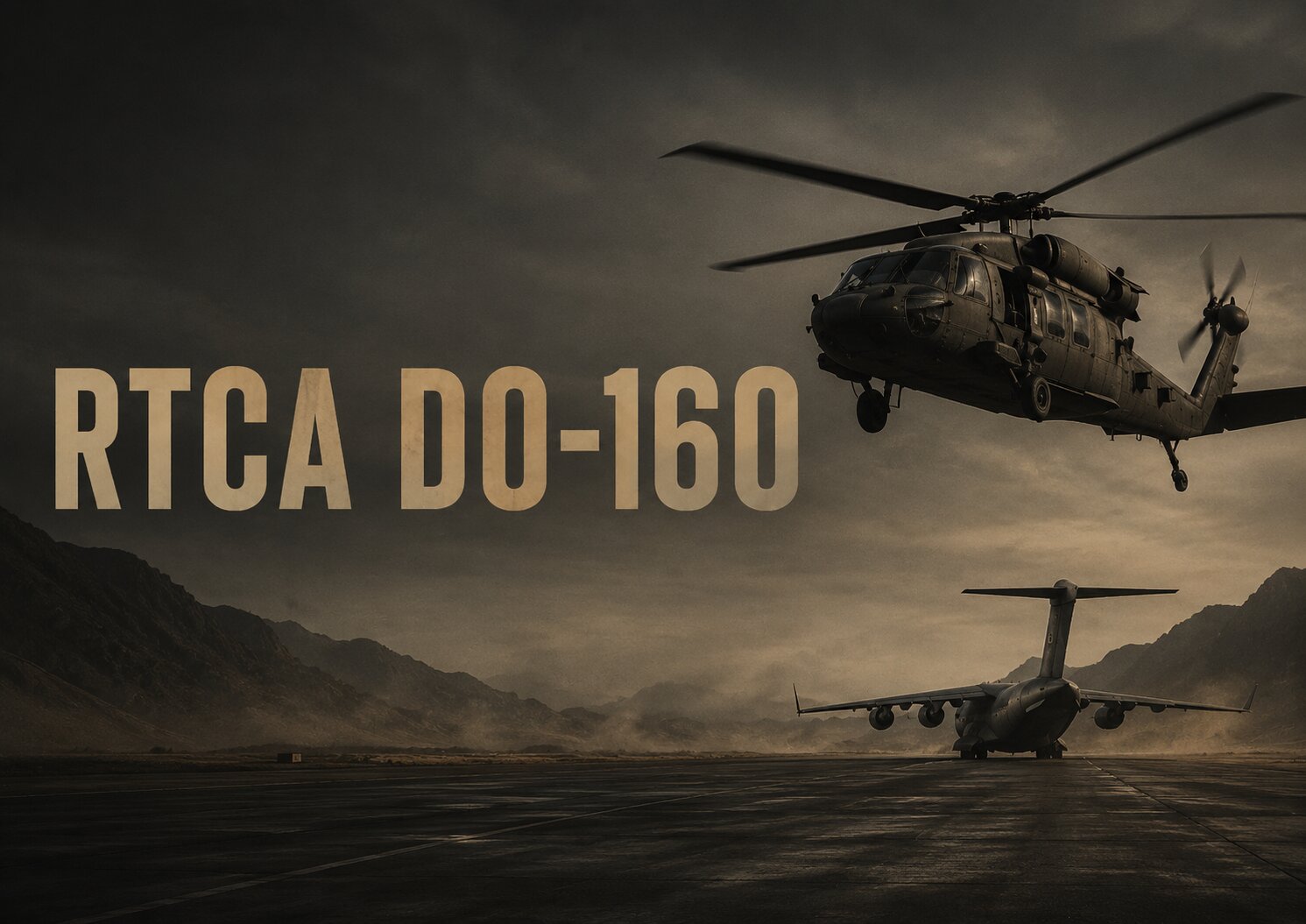 RTCA DO-160 aircraft testing standard image with helicopter overhead and cargo plane on runway.
