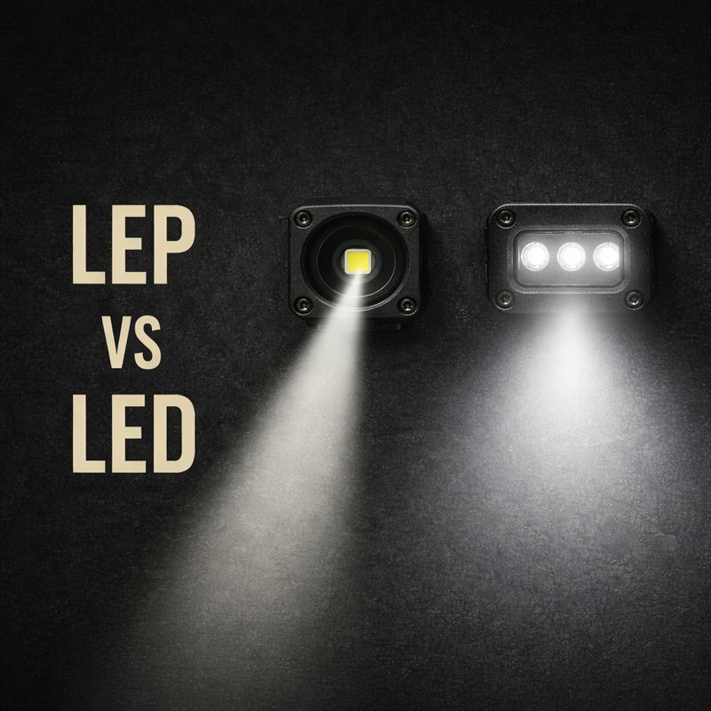 LEP-VS-LED LEP vs LED lighting comparison showing narrow long-range LEP beam and wide LED flood beam on dark background