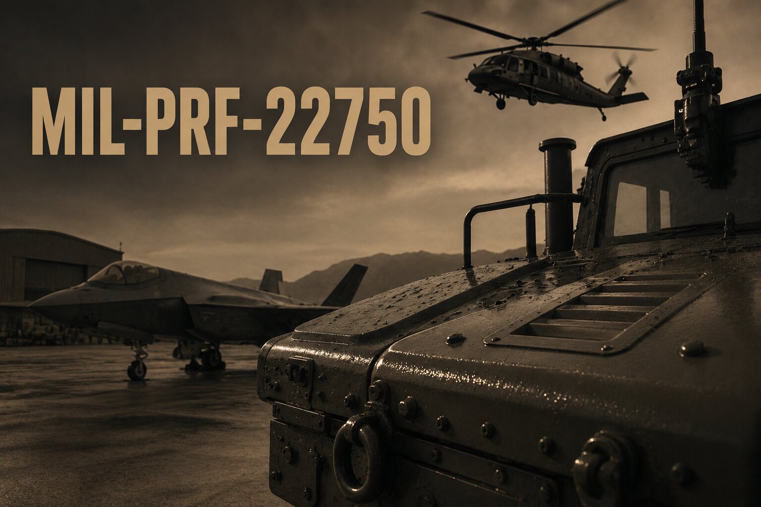 MIL-PRF-22750 MIL-PRF-22750 epoxy coating standard image with coated military vehicle, fighter jet, and helicopter.