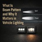 Beam pattern comparison in vehicle lighting showing spot beam vs flood beam with LED light modules on dark background