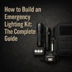 Emergency lighting kit with tactical flashlight, LED work light, headlamp and glow marker arranged on dark background