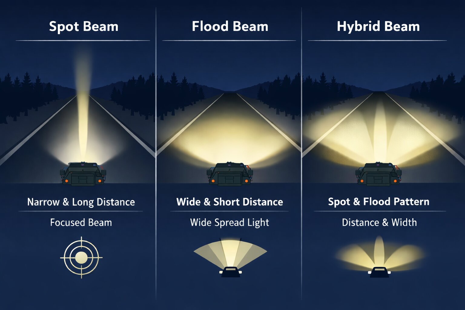Military vehicle headlight beam comparison Diagram comparing spot beam, flood beam and hybrid beam patterns on a military vehicle at night showing distance and light spread differences